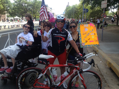 Houston Local 716 member Tim Tsotsonis is joined by his family before a charitable bike ride. Tsotsonis, 71, rides in long distance events to raise money for multiple sclerosis research and as a way of saying thanks for help in caring for his son Alexander, far left, who has cerebral palsy. Pictured to his right is his wife Eva and to his left is daughter Angelina.